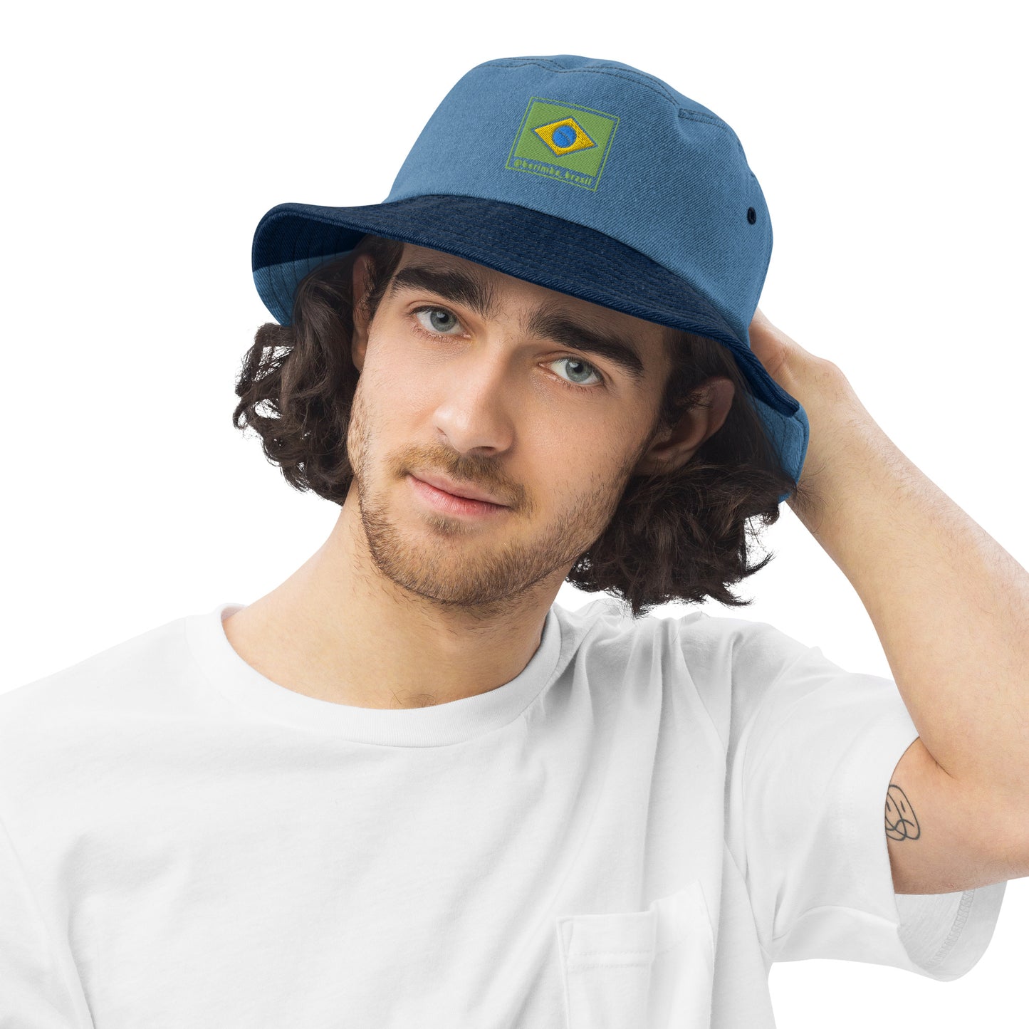 Bucket Fisherman Hat - Denim - Brazil Grife Flag - Brazilian Regional Clothing | Berimba