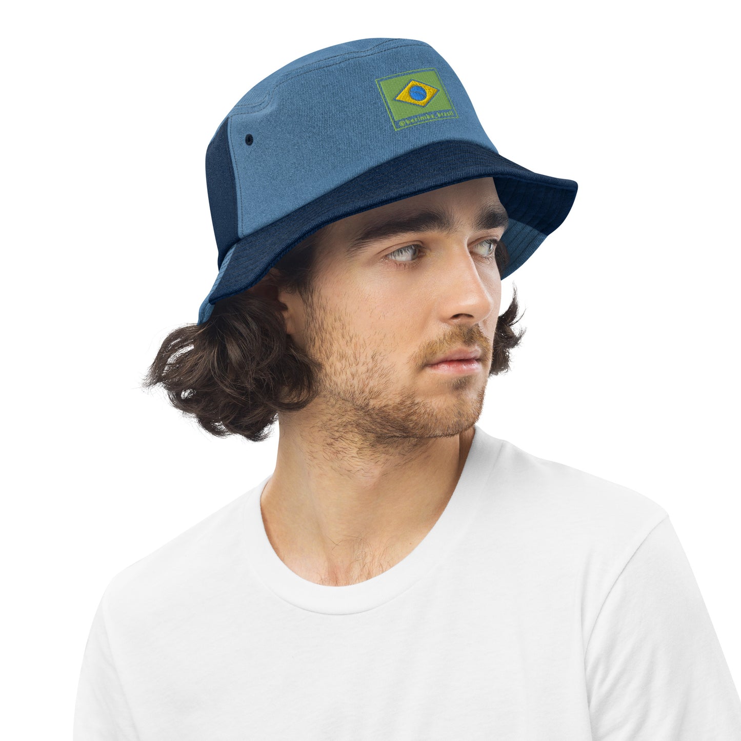 Bucket Fisherman Hat - Denim - Brazil Grife Flag - Brazilian Regional Clothing | Berimba