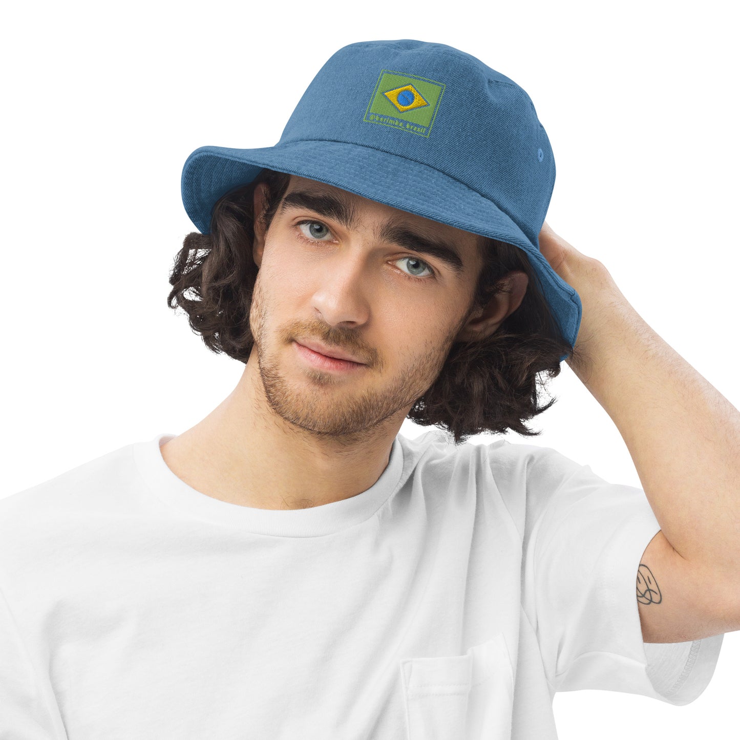 Bucket Fisherman Hat - Denim - Brazil Grife Flag - Brazilian Regional Clothing | Berimba